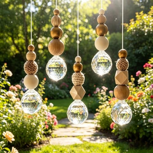 Higijapuf 5 Stück Sonnenfänger Kristall, Sonnenfänger Bastelset Mit Holzperlen, Suncatcher Fensterdeko Hängend Für Fenster, Garten, Lichtspiel Und Skandinavische Wohnraum Deko