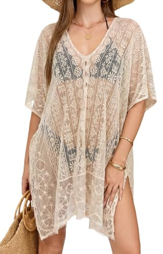 coonis Cover Up de Playa Mujer con Encaje y Cuello V, Salida para Traje de Baño y Bikini, Vacaciones