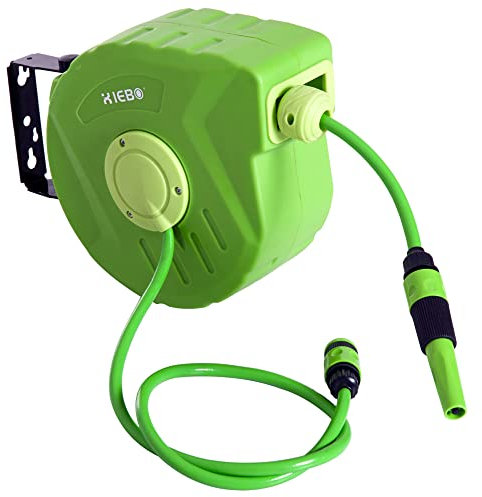 Outsunny Carrete para Manguera Enrollable, Carro de Manguera de Jardín, Portamanguera 10m Roll-up Automático Giratorio 180° con Pistola de Pulverización Gran Alcance Base de Pared para Terraza, Verde