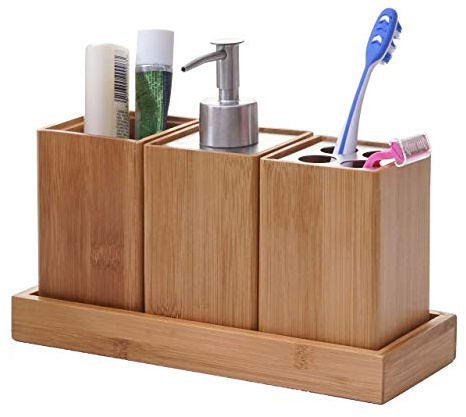 Mendler 4-teiliges Badset HWC-B85 Bambus | Badezimmerset, Badaccessoires, Seifenspender, Zahnbürstenhalter