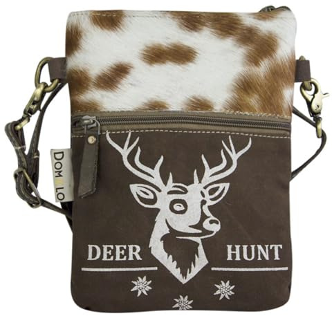 Domelo kleine Dirndltasche, Damen Crossbody Trachtentasche, braune Tasche | Mini Trachten Umhängetasche, Oktoberfest Bag mit Hirschmotiv, Mädchen Wiesen Accssories aus Canvas Leder & Kuhfell