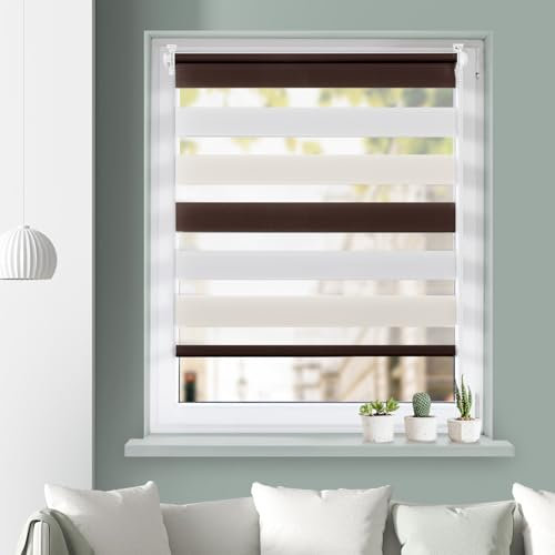 Grandekor Doppelrollo Klemmfix ohne Bohren Weiß-Beige-Braun 80x130cm(Stoffbreite 76cm) Fenster Rollos für innen Klemmrollos Duo Rollos für Fenster ohne Bohren mit Bohren Privatschutz Zebrarollo