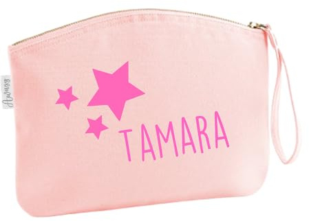 minimutz Schminktasche für Mädchen | personalisiert mit Namensdruck & Sterne | Kosmetiktasche für Kinder inkl. Name | Make-up Täschchen mit Reißverschluss (Rosa) (L (28 x 22 cm)