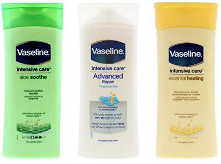 Vaseline Intensive Care Dry Skin Body Lotion Bundle Of 3 x 200ml Bottles - Aloe Soothe - Advanced Repair - Essential Healing