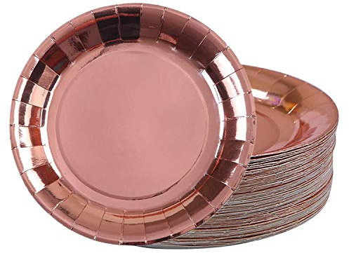 TOPWAYS Roségold Geburtstagsdeko Pappteller, 18cm Papier Geschirr Einweg Teller Partygeschirr für Geburtstag, Hochzeiten, Picknicks, Jubiläum Dekorationen,48 Stück (7 Zoll)