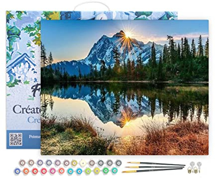 Figured'Art Peinture par Numéro Adulte avec Cadre - 40x50cm Toile tendue sur Châssis - Kit Loisir Créatif Détente - Déco DIY -Lac et reflet de de montagne