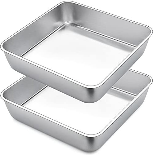 Joyfair Lot de 2 moules à gâteau carrés en acier inoxydable brownie - 23,5 x 23,5 x 5 cm - Idéal pour les gâteaux, brownie/lasagnes, sains et non toxiques - Passe au lave-vaisselle