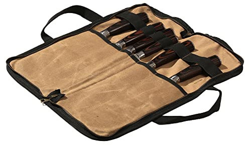 Kaaltisy Sac à Couteaux de Cuisine avec 5 Poches, Sac à roulettes, Rouleau de Couteaux pour Les Professionnels, Toile imperméable et cirée, Kaki