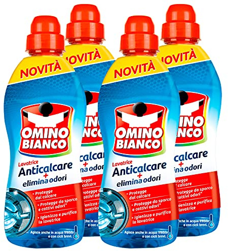 Omino Bianco, Entkalker für Waschmaschine, schützt vor Kalk, Schmutz und Gerüchen, desinfizierende Wirkung, 4 Flaschen x 750 ml