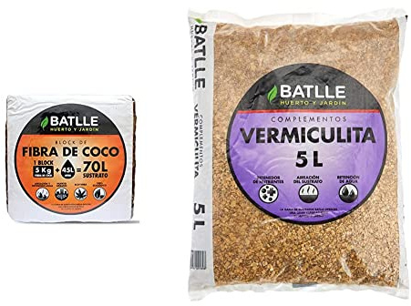 Sustratos Ecológicos - Block de Fibra de Coco 5kg - 70l + Sustrato Vermiculita 5L