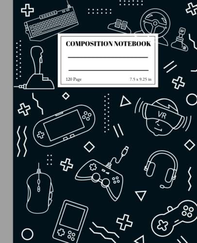 Composition Notebook White Black Video Gaming Themed Comp Book: Ruled Lined Paper 120 pages 60 sheets) 9-3/4 x 7-1/2 inches: For Kids, Teens, and Adults