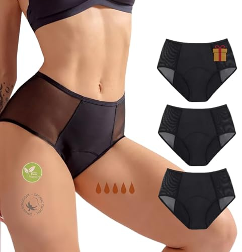 So'Cosy 3er-Pack Menstruationshöschen ADRIA | Auslaufsichere Damenunterwäsche | Hohe Taille | Bio-Baumwolle | Ultraabsorbierend (XL) XL Noir