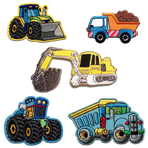 Catch the Patch Baustellen Bagger Lkw Kipper Aufnäher Set 5 Stück zum Aufbügeln Bügelbild für Kinder mit Bauernhof Baustelle Action Spielspaß, Bügelpatch Patches Bügelflicken Kindergeburtstag