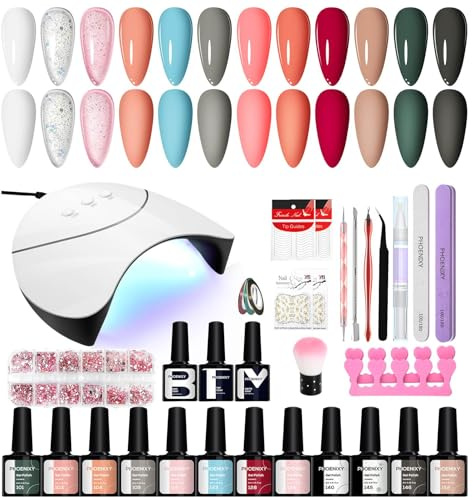 Phoenixy Gel Nagellack Set mit 36W UV Nagellampe 12 Stk. Gel Farblack Set Nagellack Starterset Gelnägel Starterset UV Nagellack Set Geschenk für Frauen