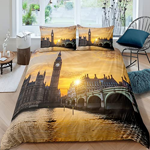 XPINGO Kinder Bettwäsche London Big Ben 155x220 cm 3teilig Jungen und Mädchen 100% Mikrofaser Sommer Weiche Winter Warm Bettbezüge 3D Sonnenuntergang Bettbezug mit 2 Kissenbezüge 80x80 cm