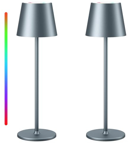 Keepoo Tischlampe Kabellos Dimmbare LED Akku Tischleuchte, Wiederaufladbar Warme Lichtfarbe 3000K+RGB Aluminium Outdoor Tischlampe wasserdicht für Restaurant,Schlafzimmer,Bar,IP54 (Silbergrau 2 Stück)