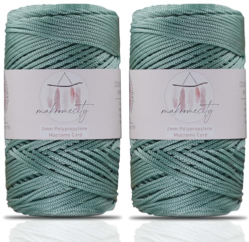 Makromecity Makramee Garn 2mm x 230m Premium Polyester Macrame Cord Polypropylene Yarn für Handwerk Wohndekorationen Platzteller Umhängetasche Handtasche Runner (Salbei, 2 Strang)