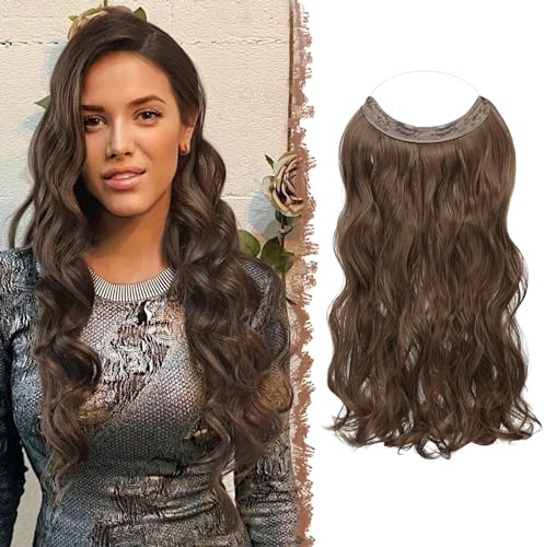 FESHFEN Invisible Hair Extensions Secrets Haarverlängerungen mit Draht Dunkelbraun & Rotbraun Synthetisch Verstellbar Lockiges Haar Langes Gewelltes Geheimes Haarteil für Frauen 45cm