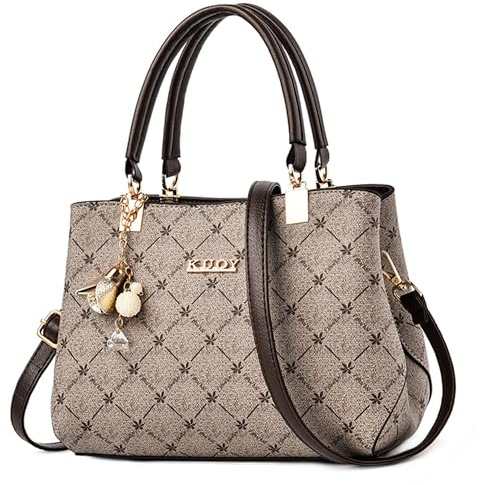 SODOLLEE Handtasche Damen Elegant Henkeltasche mit Exquisiter Anhänger PU Leder Frauen Umhängetasche Ahornblatt Schultertasche für Reisen Shopper Arbeiten Braun Griff A