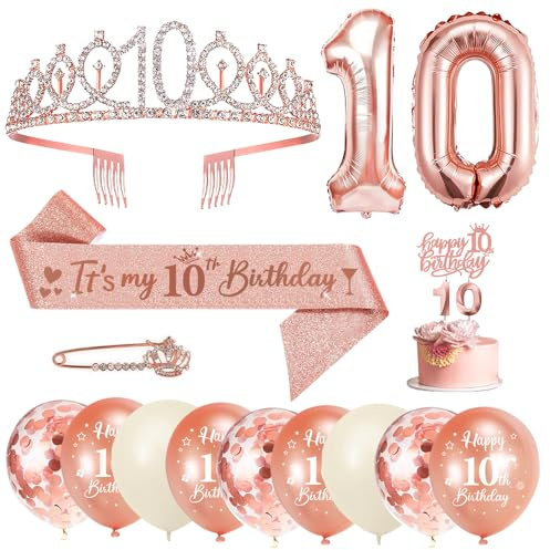 10. Geburtstag Mädchen Deko Set, Krone Schärpe Ballons Set | Geburtstagsdeko zum 10. Geburtstag mit Tiara, Schärpe, Ballons, Zahlenkerze 10 und Tortendeko für Mädchen Kinderparty