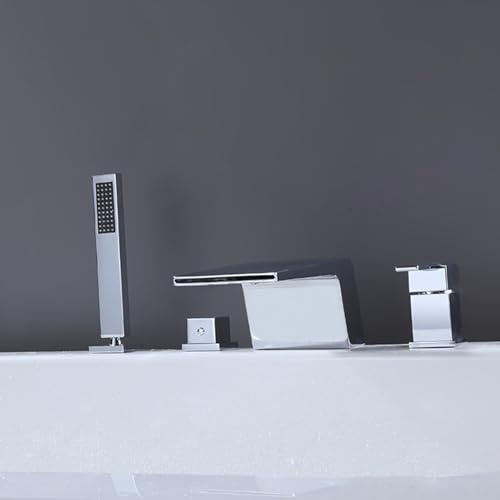 XJTNLB Wannenrandarmatur 4 Loch-Badewannenarmatur Wasserfall mit Handbrause, Armatur Badewanne Set Chrom,4 Löcher