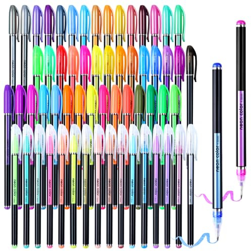 Joyoldelf 60 Bolígrafos de Gel - 15 Metalizados, 15 con Purpurina, 15 Neón, 15 Colores Estándar con Punta Fina