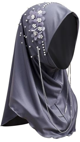 Chic Hijab Für Muslimische Damen Einfarbiger Hijab Mit Perlen und Blumen Weich Kopftuch Mädchen Hijab Schal Frauen Konfektionskleidung Schal Kleider Volle Abdeckung Turban Wrap Kopftuch Halstuch
