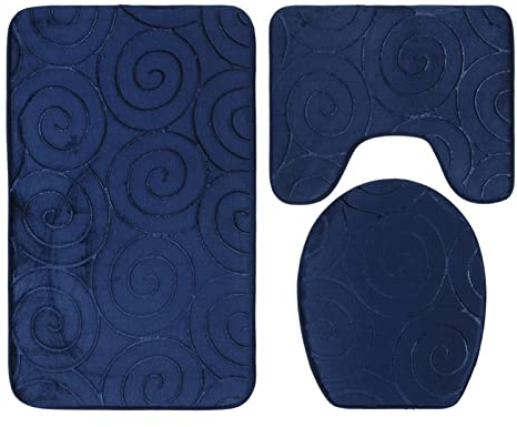 LIZEALUCKY 3 PCS Bathroom Mat Set Stone Embossed Toilet Lid Cover Floor Mats Bathtub Side Absorbent Carpets Made Of Polyester It'S Non-Slip And Comfortable To Step On (Navy Blue)