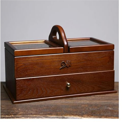 asdchZen Nähset-Aufbewahrungsbox Aus Holz, Große Nähkörbe, Klassischer, Erweiterbarer Nähkasten, Aufbewahrungskorb, Aufbewahrungskorb, Einfacher Tragegriff, Nähset-Box-Korb Mit Fach (Braun)