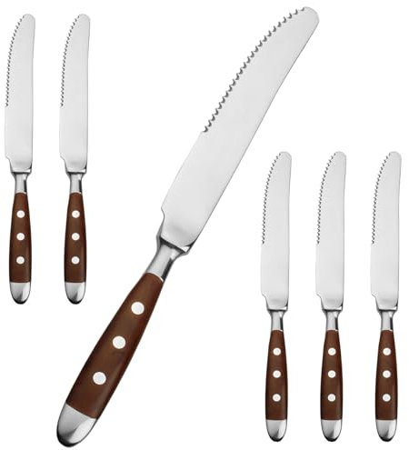 Alata Steakmesser Set 6 Stück,Küchen Steakbesteck Messer set,Scharfe Pizzamesser, Braunen Griffen,Edelstahl poliert,Wellenschliff,für Haushalte das Esszimmer, Serie Berlin
