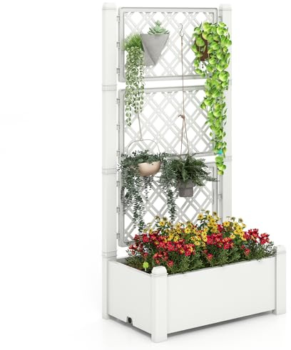 RELAX4LIFE 53L Fioriera da Esterno con Grigliato per Rampicanti, Aiuola Rialzata per Coltivazione di Piante Orto Erbe, 76x45x150cm (Bianco)