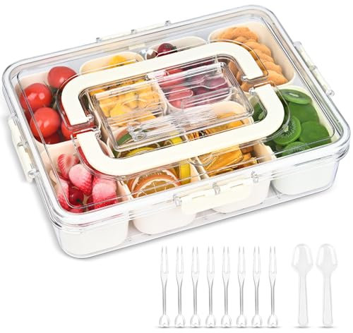 Divided Serving Tray with Lid, Snackle Box Container with Lid,Snack Box Container with Cutlery Storage, 8 Fruit Forks, 2 Spoons, Fruit Tray,Portable Snack Organizer, 8 Compartments snack tray with lid