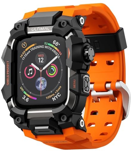 ULTIMAL Rugged Case with Band for Apple Watch Straps 45mm, Compatible with Apple Watch Series 9/8/7 Band, Enhanced Military Grade Shockproof Bumper Cover for iWatch Strap Men (45mm, Orange)