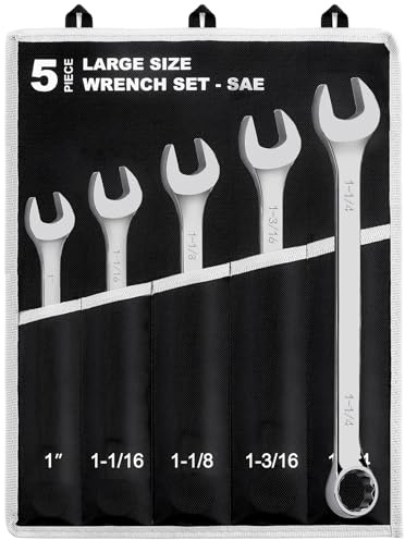 EFFICERE 5-Piece SAE Large Size Add-on Combination Wrench Set, 1”, 1-1/16, 1-1/8, 1-3/16, 1-1/4” | Chrome Vanadium Steel, Long Pattern, 12-Point | Great for Auto, Truck, Tractor and Machinery Repairs