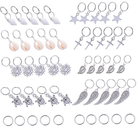 AUTSUPPL 50 Stück Modische Haarringe für Zöpfe aus Legierung mit Blättern und Sternen Praktisches Haaraccessoire für Halloween und Bühnenauftritte in Silber