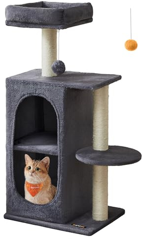 Feandrea Kratzbaum klein, Katzenbaum mit 2 Höhlen, Kratzstämme, für Mehrkatzenhaushalte, Kätzchen, dunkelgrau PCT005G02 | Katzenbaum für Haushalte mit Kätzchen, Dunkelgrau, CLAWFY Kollektion PCT005G02