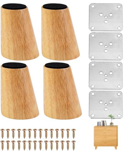 4 Pezzi 6 cm Piedini in Legno per Comodini,Letto,Tavolo,Divano - Piedini per Mobili Rotondi, Stable Design Piedini in Legno Inclinati, Gambe per Tavolo con Piastra di Montaggio, Pad Antiscivolo e Viti