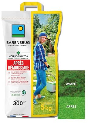 BARENBRUG - Soin Après Démoussage - Limite Réapparition Mousses - Gazon Dense et Résistant - Germe Très Rapidement - Semences avec Enrobage - Fabriqué en France - 5KG