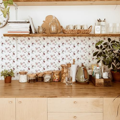 Self Adhesive Wall Tiles 20X20Cm White Red Flowers Stick On Tiles, Bathroom Self Adhesive Wall Tiles Waterproof Oil-Proof Art,Peel and Stick Splashback, Vinyl Wall Tile Transfers Sticker(10Pcs)