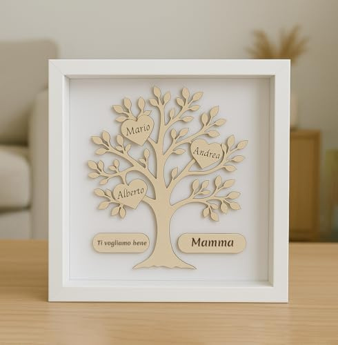 Stileitaliano Quadro Personalizzato idea regalo Festa della Mamma Albero della Vita in Legno con nomi familiari incisi, Bianco