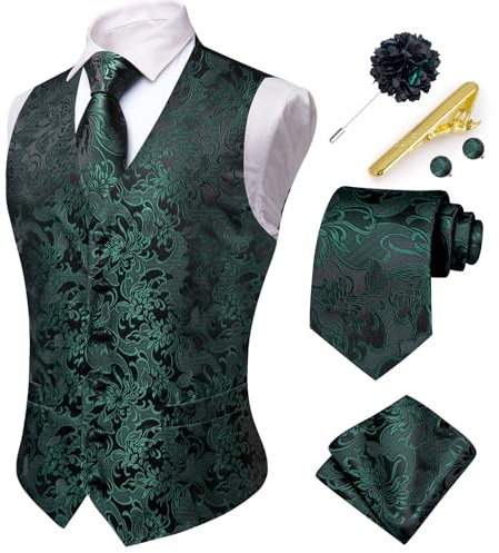 Hi-Tie Herren Anzugweste Business formelle Weste Paisley Jacquard Krawatte Anzug Weste Set für Hochzeit Party, Dunkelgrün, Large