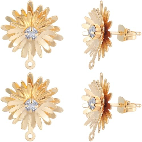 Beebeecraft 1 boîte de 14 Clous d'oreilles Tournesol Plaqués Or 18 carats Délicats Clous d'oreilles en Forme de Fleur avec Boucle et 14 écrous d'oreilles pour la Fabrication de Bijoux pour Femmes.