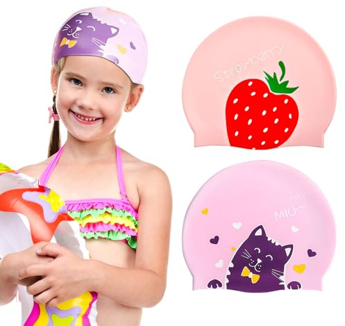 BOBOPACK 2 Pezzi Cuffia da Nuoto Elastica,Swimming Cap, Cuffia Piscina per Bambini,Cuffia da Bagno Impermeabile per Ragazze per Capelli Corti e Lunghi