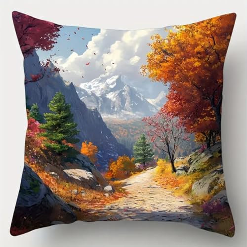 ANSIWEIGO Kit Point Noué Coussin,Canevas à Nouer 43x43 cm,Activité DIY pour Débutants, Enfants et Adultes,Décoration Maison et Cadeau Fait Main,Route de montagne et arbres