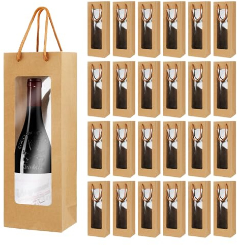 BSDLZCH 24er Set Weintaschen aus Kraftpapier mit Fenster & Griff | Reißfeste Wein-Präsenttaschen als Geschenkverpackung für Flaschen, Ideal für Geburtstag, Hochzeit, Weihnachten & Partys