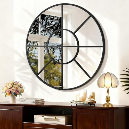 WDSHIYI Large Round Mirror, Black Metal Framed Circle Wall Mirror Artistic Modern Decorative Mirrors for Living Room Bedroom Bathroom Entryway, 70 CM Decor