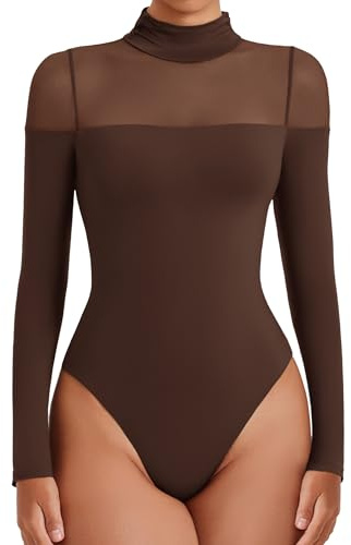 Avidlove Long Sleeve Body Suits Womens Mesh Bodysuit Top Shirt One Piece Thong Bodysuits Sexy (Brown, M)