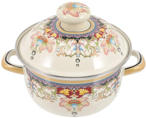 TOYANDONA Thickened Vintage Enamel Cooking Pot with Lid Double Handle Kitchen Stew Soup Stockpot for Induction Gas Electric Stoves Non-Stick Surface Even Heat Distribution Retro Floral