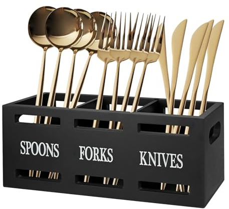 Wood Cutlery Holder, Wooden Utensils Storage Organizer with 3 Compartments, Large Capacity Kitchen Utensil Holder, Farmhouse Utensil Cutlery Caddy, Wooden Cooking Tools Storage for Countertop (Black)
