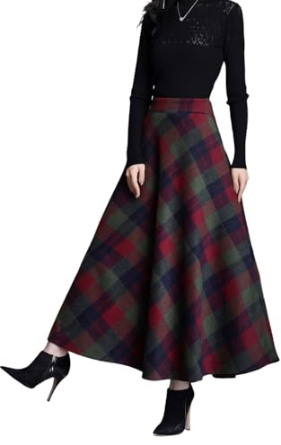LWZDREAM Women’s Fall Winter Plaid Maxi Skirt Elegant Wool High Waist A-line Pleated Swing Long Skirts(XXL,Green Plaid 889)